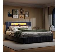 MISNODE Lit Double 160x200 avec Coffre de Rangement & LED, Gas Lift Cadre de Lit Capitonné Sommier à Lattes en Bois, Velours(sans Matelas) (Gris 160x200)