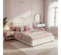 MISNODE Lit rembourré 140 x 190 / 140 x 200 / 160 x 200 cm, lit hydraulique avec sommier à lattes, lit enfant, lit double, lit jeune avec rangement, beige, velours, convient aux adultes et adolescents