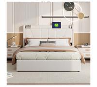 MISNODE Lit rembourré, lit double 140x200/160x200 cm, lit jeune avec coffre hydraulique et sommier à lattes, cadre en métal, lit coffre de chambre moderne, sans matelas, beige, lin, adapté aux adultes