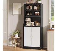 MISNODE Meuble Buffet Cuisine Noir avec LED Réglable, Armoire Cuisine avec Plan de Travail, Vaisselier Buffet Haut avec 4 Portes, Étagere Réglable, Meuble de Rangement, 70x40x180 cm(C02)