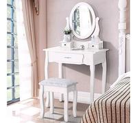 MISNODE Table de Coiffeuse Moderne avec Miroir et Tabouret Rembourré, 3 Tiroirs, Table Cosmétique avec Miroir Pivotant à 360°, Meuble de Chambre en Bois et Métal, Blanc (Blanc + 3 Tiroirs)