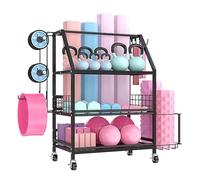 Misounda Support Poids Musculation Multifonctionnel, Support Rangement Gymnase, Pour Rouleaux En Mousse, Tapis De Yoga, Haltères, Kettlebells, Avec Crochets Et Roues Verrouillables - Noir