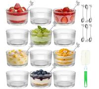 Mispudin 12 Pièces Coupes à Glace en Verre, 200ml Transparent Coupes à Dessert Moderne avec 12 Cuillères, Brosse, Rayures Verrines en Verre pour Desserts, Tiramisu, Glacée, Mousses, Panna Cotta