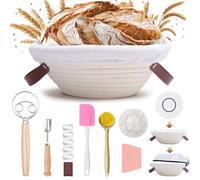 Mispudin Banneton pour Pain, Panier de Fermentation en Coton Tissé Rond 23cm avec Anse, Films, Lame, Fouet à Pâte, Spatules, Grattoir, Brosse, Kit Pain au Levain pour aux DéButants et Professionnels
