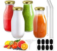 Mispudin Lot de 4 Bouteille Verre 330ml avec Bouchon Métal, Petite Bouteille en Verre 33 vec Paille, Étiquettes, Entonnoir, Bouteilles Jus de Fruit pour Lait, Yaourt, Smoothie, Réutilisables, Vide