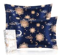 Miss Adola Lot de 2 taies d'oreiller standard en soie de mûrier avec fermeture éclair dissimulée pour cheveux et peau, motif soleil et lune - 50 x 75 cm