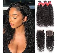 Miss GAGA 3 Bundles Water Wave Bundles with Closure Unprocessed Virgin Human Hair Extensions Natural Black Color(16 18 20+14 Natural Color)