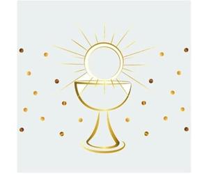 Miss Lovely Lot de 60 serviettes de table pour communion, confirmation, calice et soleil, confettis blancs et dorés, symboles chrétiens pour confirmation, baptême et fêtes religieuses