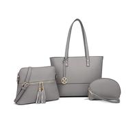 Miss Lulu Sac à Main Femme Ensemble de 3 Pièces, Grand Sac Cabas Femme, PU Shopper Femme Sac à Provisions Sac à Bracelet Carte Poche Bandoulière Réglable (GREY)