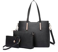 Miss Lulu Sac à Main Femme Ensemble de 3 Pièces,PU Grand Sac Cabas Femme, Carte Poche Bandoulière Réglable pour Université Travail Noir