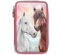 Depesche 13416 Miss Melody - Trousse à Crayons 3 Compartiments remplie en Rouge Rouille, avec Effet LED et Motif Cheval, Trousse à Crayons avec Crayons de Couleur, Ciseaux, règle etc.