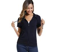 MISS MOLY Sweat Zippé À Capuche À Manches Courtes pour Femmes Hoodies Basic Mode Simple T-Shirt Bleu Marin Large