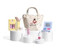 Miss Nella Kit de maquillage et vernis à ongles pour enfants pour petites filles, hypoallergénique, testé dermatologiquement, non toxique, trousse de maquillage en toile, sûre et amusante (Happy