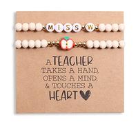 Miss Pink Lot de 2 bracelets élastiques en perles de bois pour enseignant - Cadeau idéal pour les femmes et les adolescentes, Laiton Bois, Sans pierre précieuse