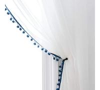 MISS SELECTEX Lot de 2 voilages à pompons aspect lin avec passe-tringle pour salon et chambre à coucher (132,1 x 182,9 cm, transparent blanc et pompons indigo)
