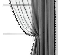 Miss Selectex Lot de 2 voilages semi-transparents aspect lin à pompons avec passe-tringle pour salon et chambre à coucher (132,1 x 160 cm, gris foncé)