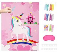 Miss-shop Affiche Fête Licorne,Autocollants de Fête de Licorne Pin The Horn on The Unicorn Birthday Party with 24 Horns pour Enfants Unicorn Party Decorations Unicorn Birthday Party Supplies (Pink)