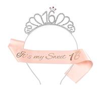 Miss-shop Couronne Anniversaire Ans,Bandeau Anniversaire Tiara Cristal Couronne Bandeau 16th Anniversaire Fille Sash Anniversaire pour Couronne de Mariée Proms de Mariage Concours Princesse Parties
