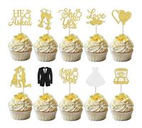 Miss to Mrs Lot de 30 décorations de gâteau à paillettes He Ask She Said Yes Cupcake Toppers Diamant Anneau Décoration de gâteau pour fiançailles, mariages, thème fête Décorations de gâteau Doré