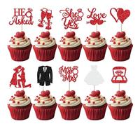 Miss to Mrs Lot de 30 décorations de gâteau à paillettes He Ask She Said Yes Cupcake Toppers Diamant Anneau Décoration de gâteau pour fiançailles, mariages, thème fête Rouge