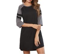 Misscoo Chemise de Nuit Femme,3/4 Manches Chemise Femmes,Col Ras du Cou Pyjama Femme,Vêtements de Nuit pour Les Loisirs (Noir, L)