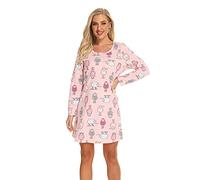 Misscoo Chemise de Nuit Femme Coton, Pyjama Femme Hiver Longue Imprimée en Dessin Animé,Vêtement de Nuit Grande Taille Casual Robes Femme-Taille XL-Rose