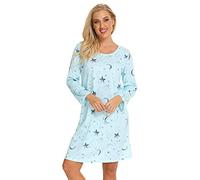 Misscoo Chemise de Nuit Femme Coton, Pyjama Femme Hiver Longue Imprimée en Dessin Animé,Vêtement de Nuit Grande Taille Casual Robes Femme - S -Bleu