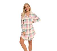 Misscoo Chemise de Nuit Femme en Coton à Manches Longues,Pyjama Femme Hiver en Flanelle, Vêtements de Nuit Boutonnée Devant,Grandes Tailles-Taille M - imprimé Ecossais