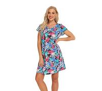 Misscoo Chemise de Nuit Femme Manches Courtes Coton, Pyjama Femme Longue Imprimée en Dessin Animé,Vêtement de Nuit été Grande Taille Robe Femme-Taille L-Multicolore