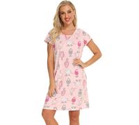 Misscoo Chemise de Nuit Femme Manches Courtes Coton, Pyjama Femme Longue Imprimée en Dessin Animé,Vêtement de Nuit été Grande Taille Robe Femme-Taille S-Rose