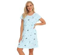 Misscoo Chemise de Nuit Femme Manches Courtes Coton, Pyjama Femme Longue Imprimée en Dessin Animé,Vêtement de Nuit été Grande Taille Robe Femme-Taille S-Vert
