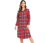 Misscoo Mesdames Chemise de Nuit de Noël Femme Chemise de Nuit Flocons de Neige Coton imprimé Dames étudiants Manches Longues boutonné Pyjamas(édition Plus Longue)-Rough-L