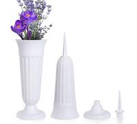 MissFox 2 Pièces Vase Cimetiere, 33 x 11 cm Vase Funéraire en Plastique avec Pointe en Terre et Piédestal, Vase de Fleurs pour Cimetière, Vase Enfichable à Décorer pour Tombe, Blanc