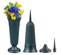 MissFox 2 Pièces Vase Cimetiere, 33 x 11 cm Vase Funéraire en Plastique avec Pointe en Terre et Piédestal, Vase de Fleurs pour Cimetière, Vase Enfichable à Décorer pour Tombe, Vert