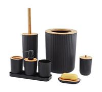 MissFox 8 Pièces Ensemble d'accessoires de Salle de Bain, Ensemble Salle de Bain Accessoire en Bambou, Distributeur de Savon, Poubelle, Brosse de Toilette, Porte-Brosse à Dents, Gobelet, Porte-Savon