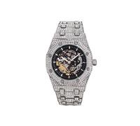 MISSFOX Montre Homme Mécanique Open Heart Pleine de Diamants Luminosité Etanche Acier Inoxydable V301 Argenté