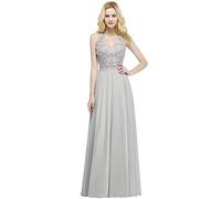 Misshow 2020 Robe pour Mariage Longue Femme Invité Chic Elégante Longue au Sol en Mousseline avec Dentelle Perles Elégante Gris 34
