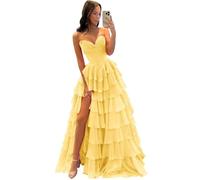 Misshow Robe Bal de Promo Femme Longue Bustier Silhouette sablier Fente Haute en Tulle Événement Formel Soirée dîner Chic Jaunee L