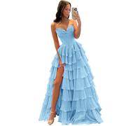 Misshow Robe Bal de Promo Femme Longue Bustier Silhouette sablier Fente Haute en Tulle Événement Formel Soirée dîner Chic Bleue L