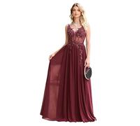 Misshow Robe Bal de Promo Longue élégante à Perles avec Paillettes Robe pour Mariage Invitée Femme Temoin Double Col V Bordeaux 32