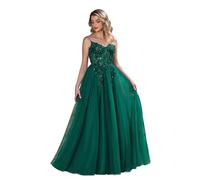 Misshow Robe Cocktail Femme Mariage, Col V A-Ligne Pailletes Perles Bretelles Robe de Bal Longue Fendue Vert foncé 34