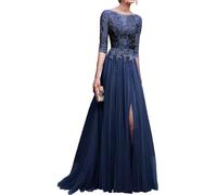 Misshow Robe Col Bateau Manches Mi-Hautes Robe Longue avec Fente Robe Longue Bouffante en Tulle