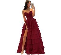 Misshow Robe de Bal Bustier Corset Col en cœur à Volants en Mousseline Fluide pour Anniversaire Glamour élégant Bordeaux XS