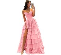 Misshow Robe de Bal Bustier Corset Volants Fente Haute, Robe Femme Chic Cérémonie Corset Structuré pour Bal de Promo Mariage Gala Rose L