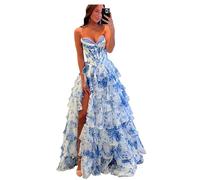 Misshow Robe de Bal de Princesse Longue Fendue Col V Dos Nu avec Lacet l'Impression Florale sans Manches Bleu S