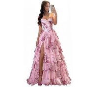 Misshow Robe de Bal de Princesse Longue Fendue Col V Dos Nu avec Lacet l'Impression Florale sans Manches Rose S