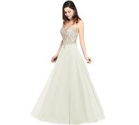 Misshow Robe de Bal de Promo pour Jeune Fille Longue sans Manches Pas Cher Robe de mariée Grande Taille Ivoire 46