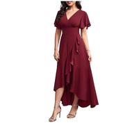 Misshow Robe de Bal Femme Longue, Col V Longue de Promo Taille Empire élastique Manches Courtes Chic et élégant Bourdeaux S