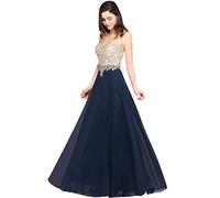 Misshow Robe de Bal Longue Elégante à Paillettes avec Appliques Ajourée Robe pour Mariage Invitée Femme Temoin Bleu Marine 46