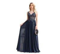 Misshow Robe de Bal Longue Elégante à Perles avec Paillettes Robe pour Mariage Invitée Femme Temoin Double Col V Bleu Marine 32
